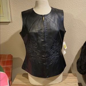 Floral Embroidered Black Leather Vest